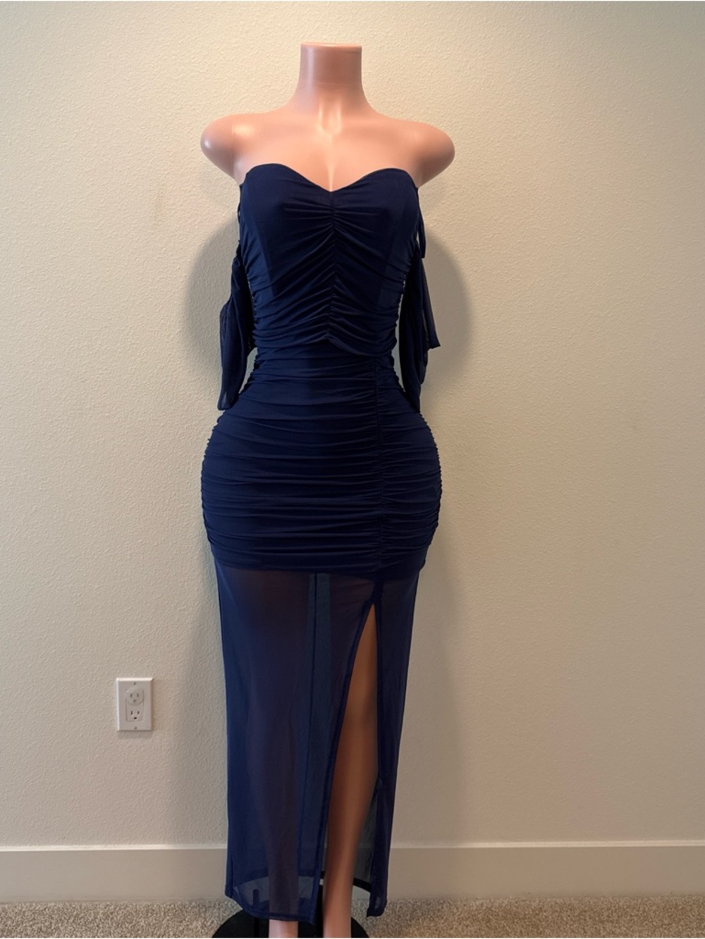 bebe Navy Strapless Ruched Maxi Dress with Side Slit